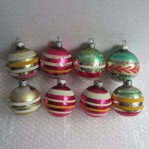 Shiny Brite Striped Glass Christmas Ornaments Set of 8 Pink Gold 1.75" - 2" Vtg